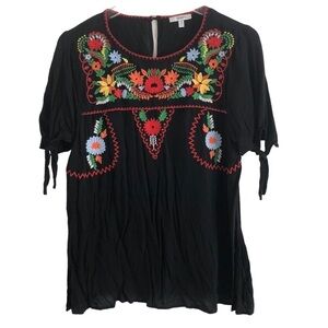 Jodiful Floral Embroidered Bohemian Pullover Blouse Tie Sleeve Medium Black